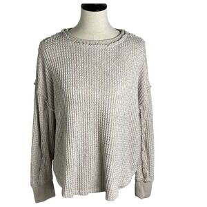 SO Womens Oversized Waffle Knit Sweater Taupe Tan Crew Neck Raw Seam Large